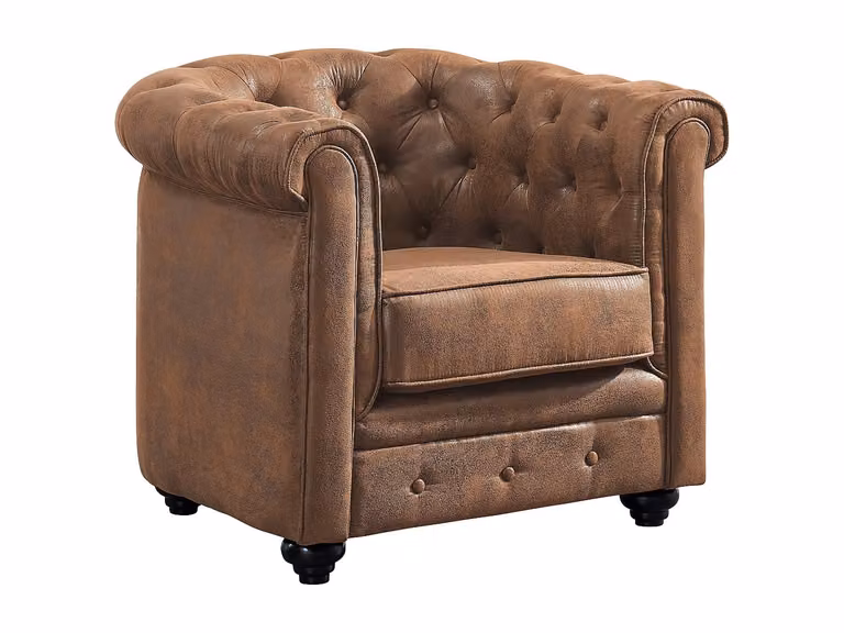 Sillón Chesterfield VENTE-UNIQUE de microfibra envejecida en color marrón con estructura de madera sólida