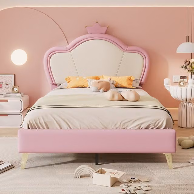 Cama tapizada Merax con cabecero con corona y patas de metal en rosa y blanco, An/P/Al: 90 x 200 x 112 cm