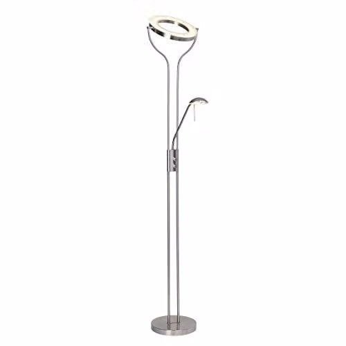 Lámpara de pie LED Demian Brilliant con brazo de lectura ajustable, acabado en hierro y cromo con detalles en vidrio, luz blanca cálida de 18 W y 1600 lm