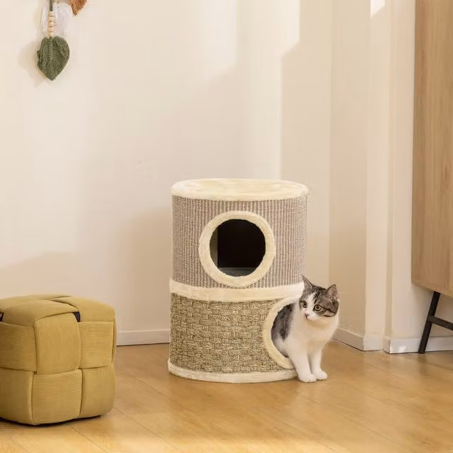 Rascador para gatos PawHut con cueva de madera y sisal en color beige y marrón, An/P/Al: 35.5 x 35.5 x 49 cm