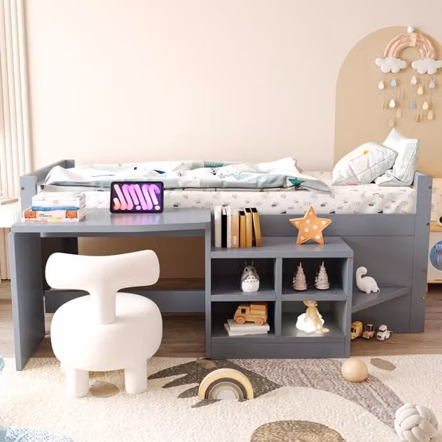 Cama Infantil Elevada MODFU con Escritorio Integrado, Espacio de Almacenamiento, Puerto USB y Toma de Corriente, Color Gris Madera, 90 x 200 cm