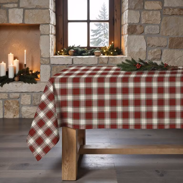 Mantel de Navidad Muare Home de Algodón Rojo con Diseño de Cuadros y Propiedades Antimanchas An/P: 155 x 155 cm