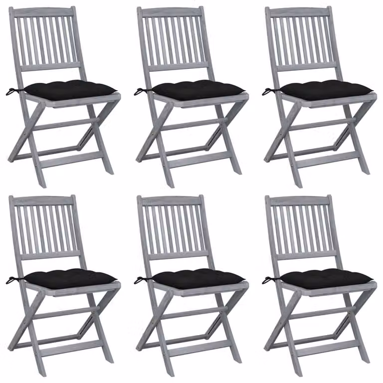 Set de 6 sillas de jardín plegables Syfax de madera de acacia con cojines en gris y negro