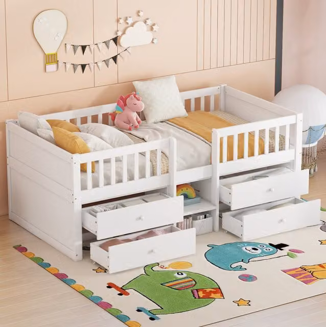 Cama semialta Mivray para niños en madera de pino y MDF blanca con 4 cajones y escalera An/P/Al: 204 x 120 x 80,5 cm
