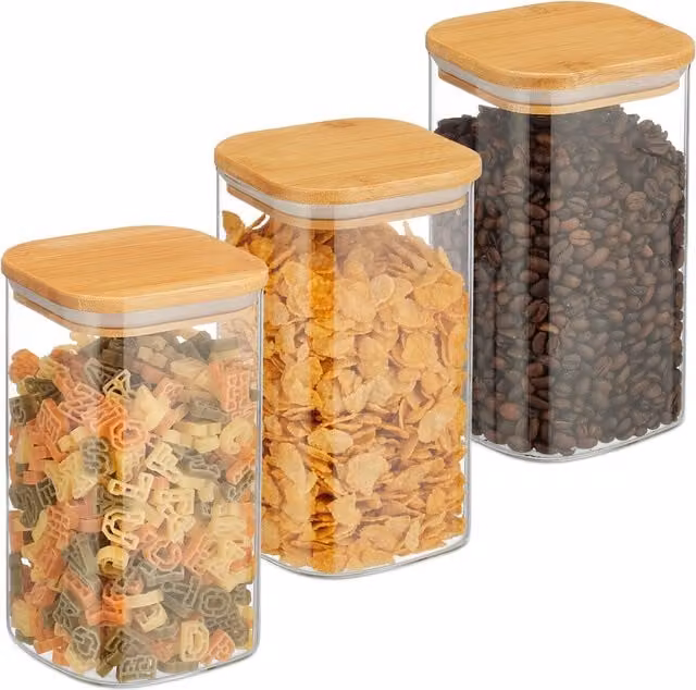 Set de 3 tarros de conservación cuadrados de vidrio con tapa de bambú herméticos de relaxdays, transparentes, 1200 ml, An/P/Al: 17,5 x 10 x 10 cm