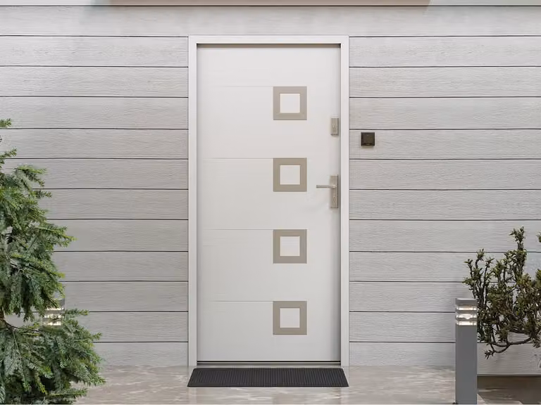 Puerta de entrada moderna TIFANA de acero y acero inoxidable con inserto de cristal, color blanco, apertura izquierda, An: 99,0 cm, Al: 206,5 cm