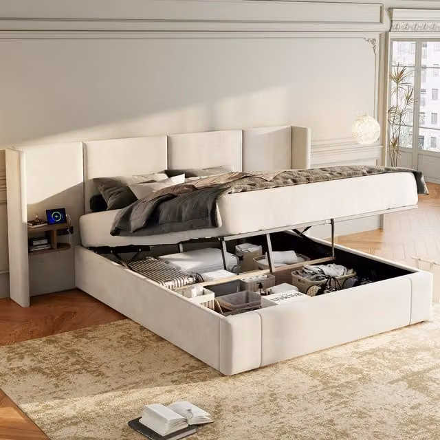 Cama Canapé Doble Modenvie con Almacenaje, 2 Mesitas de Noche, Puertos USB y Enchufes, Tapizada en Terciopelo Beige, An/P/Al: 160 x 200 x 30 cm