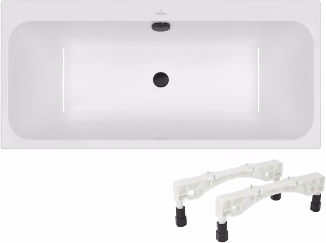 Bañera rectangular Villeroy & Boch Architectura en blanco y negro con instalación a la derecha, patas y desagüe Wirquin, An/P/Al: 180 x 80 x 42 cm
