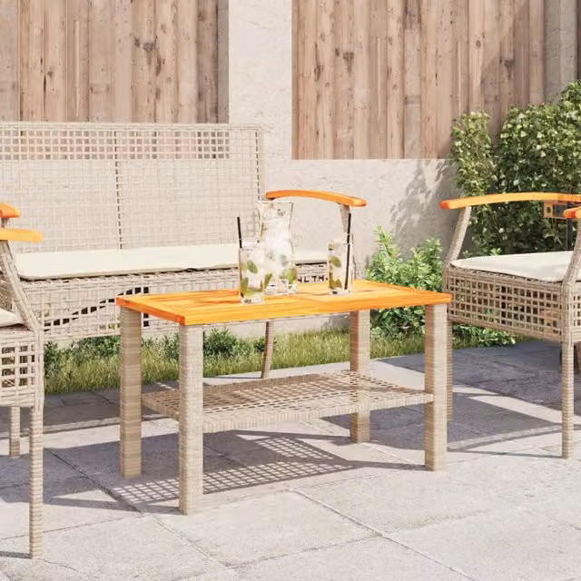 Mesa de jardín y terraza SYFAX de ratán sintético y madera de acacia en color beige y marrón, An/P/Al: 70 x 38 x 42 cm