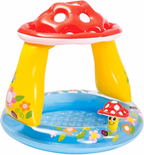Piscina infantil inflable Intex con parasol de champiñón y suelo acolchado para bebés, multicolor y azul, An/P/Al: 102 x 102 x 45 cm