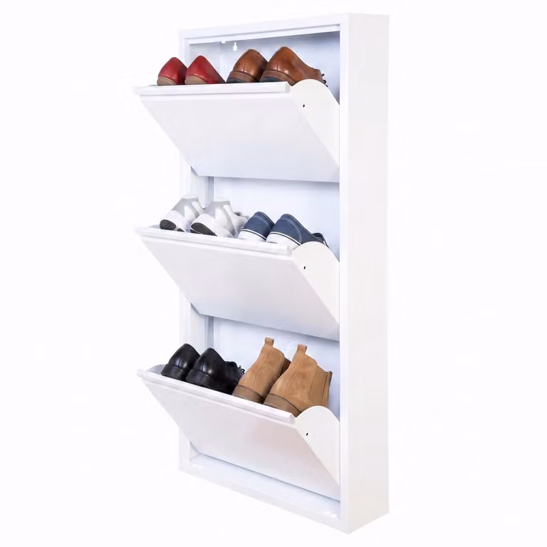 Zapatero ultrafino Dunne de Well Home en acero blanco con 3 compartimentos para 6 pares de zapatos, An: 50 cm, P: 13,5 cm, Al: 103 cm