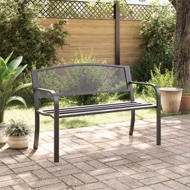 Banco de jardín moderno SYFAX de acero negro con reposabrazos para terraza o jardín