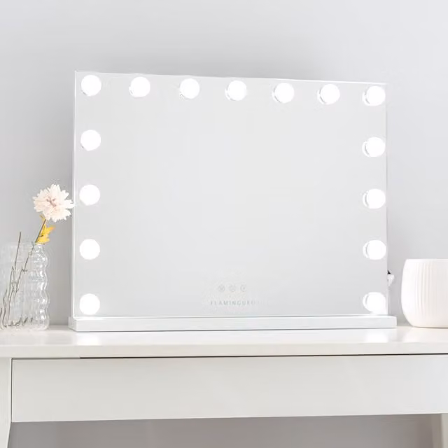 Espejo de maquillaje Flamingueo con 15 luces LED, 3 modos de luz y regulable, color blanco, An/P/Al: 58 x 43 x 12 cm