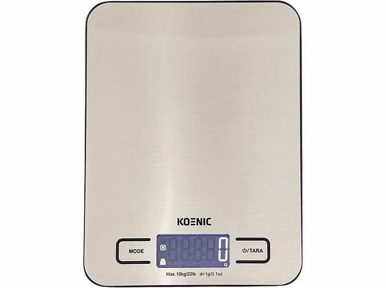 Balanza de cocina digital KOENIC KKS 10121 M en color plata con función tara y pantalla LCD, capacidad hasta 10 kg