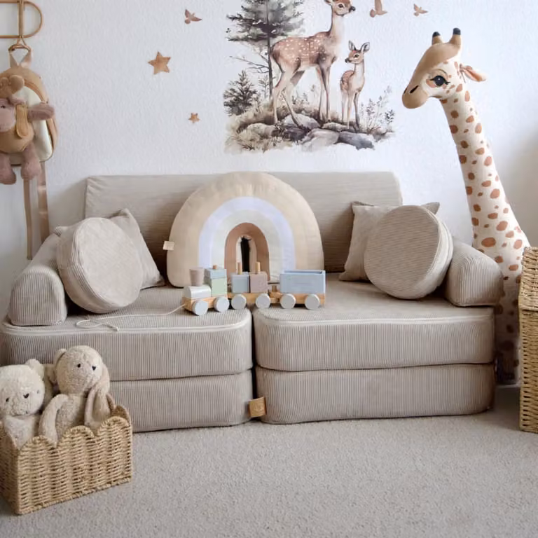 Sofá infantil modular MeowBaby de 10 piezas en pana fina color caqui con fundas extraíbles y dimensiones de 120 cm