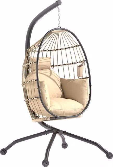 Silla Colgante Huevo Outsunny con Soporte Plegable y Cojines para Interior y Exterior en Color Beige