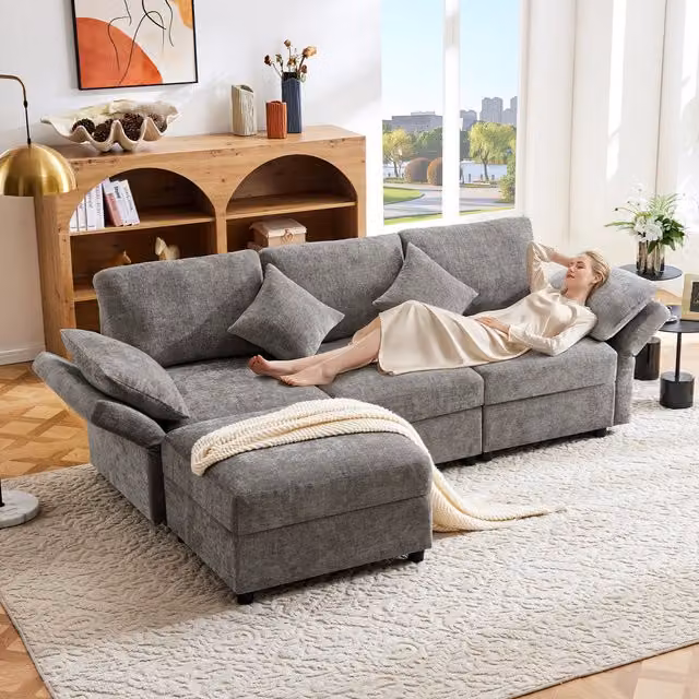 Sofá Esquinero en Forma de L Kellany Gris con Otomana, Convertible en Sofá Cama de 3 Plazas, Tapizado en Chenille con 4 Cojines y Reposabrazos Ajustables, An/P/Al: 218 x 156,5 x 86 cm