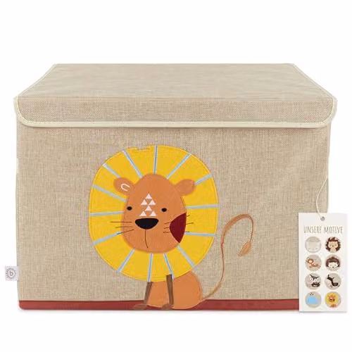 Baúl organizador de juguetes Bieco con tapa y diseño de león en colores beige, arena y amarillo, plegable y de tela para habitación infantil, An/P/Al: 36 x 36 x 65 cm