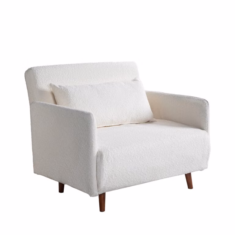 Sillón cama moderno de tela rizada beige con reposabrazos y sistema click-clack