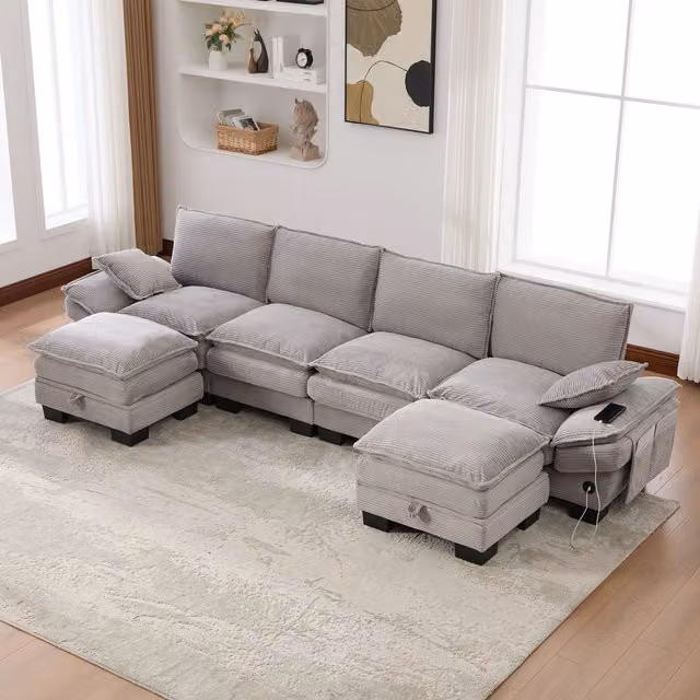 Sofá Modular Kellany de 4 Plazas en Pana Gris con 2 Otomanas, Diseño en U con Puerto USB y Acolchado de Espuma