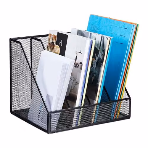 Archivador de sobremesa A4 de metal con 4 compartimentos Relaxdays, negro, An/P/Al: 31 x 26 x 26 cm
