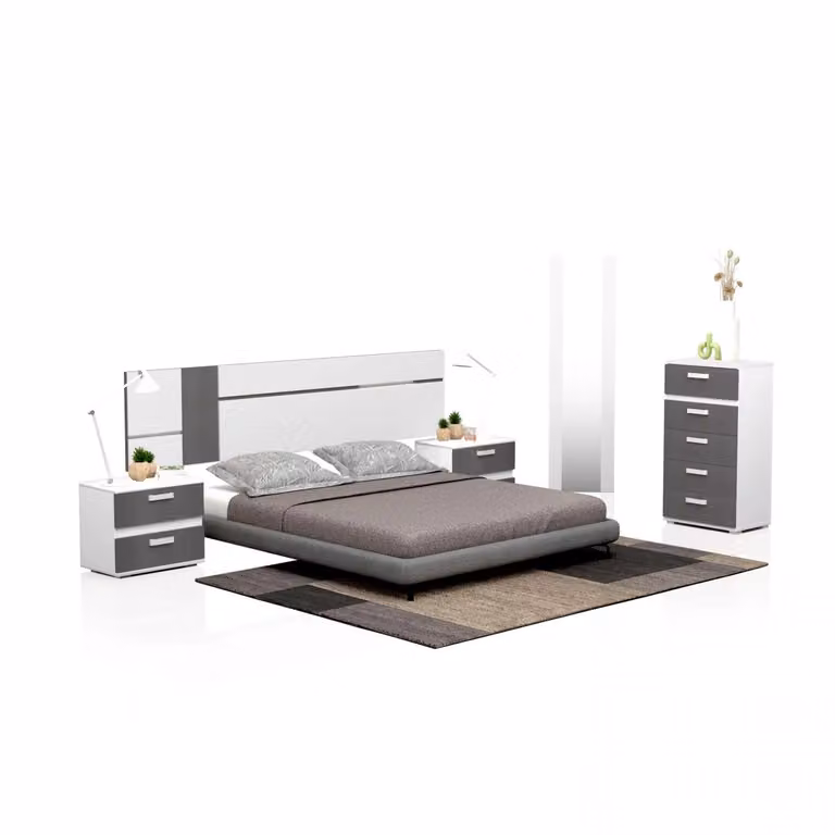 Conjunto de dormitorio de 5 piezas Ataneq Air 5C de Duehome en estilo escandinavo con iluminación integrada y diseño en blanco, gris y plata