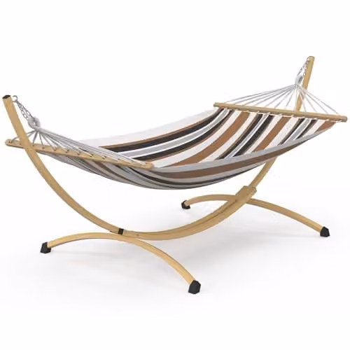 Hamaca XL con soporte de metal IDMarket con tela rayada en negro, blanco y marrón y efecto madera