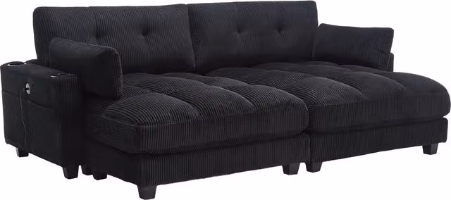 Sillón Lounge Stilvora en Pana Negra con Reposacabezas Ajustable, Portavasos, Bolsillo Lateral y Conexión USB