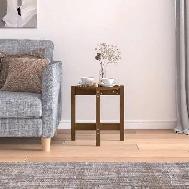 Mesa de centro redonda SYFAX de madera maciza de pino en color marrón con acabado mate, Diámetro: 42,5 cm, Altura: 45 cm