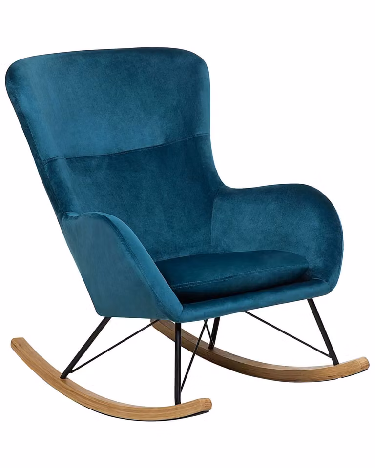 Silla Mecedora Beliani Ellan de Terciopelo Azul con Patas de Metal y Madera