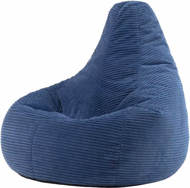 Puf con respaldo alto ICON de pana azul denim para salón o dormitorio, 82 x 82 cm