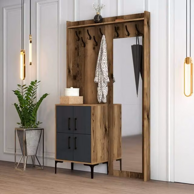 Mueble de entrada DMORA con perchas y barra para colgar, acabado nogal y antracita, An/P/Al: 120 x 35 x 200 cm