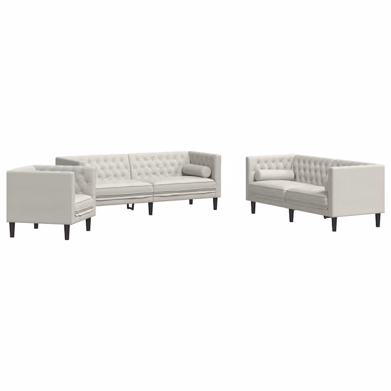 Set de sofás Chesterfield vidaXL de 3 piezas tapizados en terciopelo beige con cojines