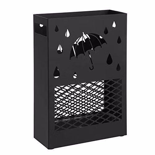 Paragüero rectangular de metal SONGMICS con diseño tallado, bandeja extraíble y 4 ganchos, color negro