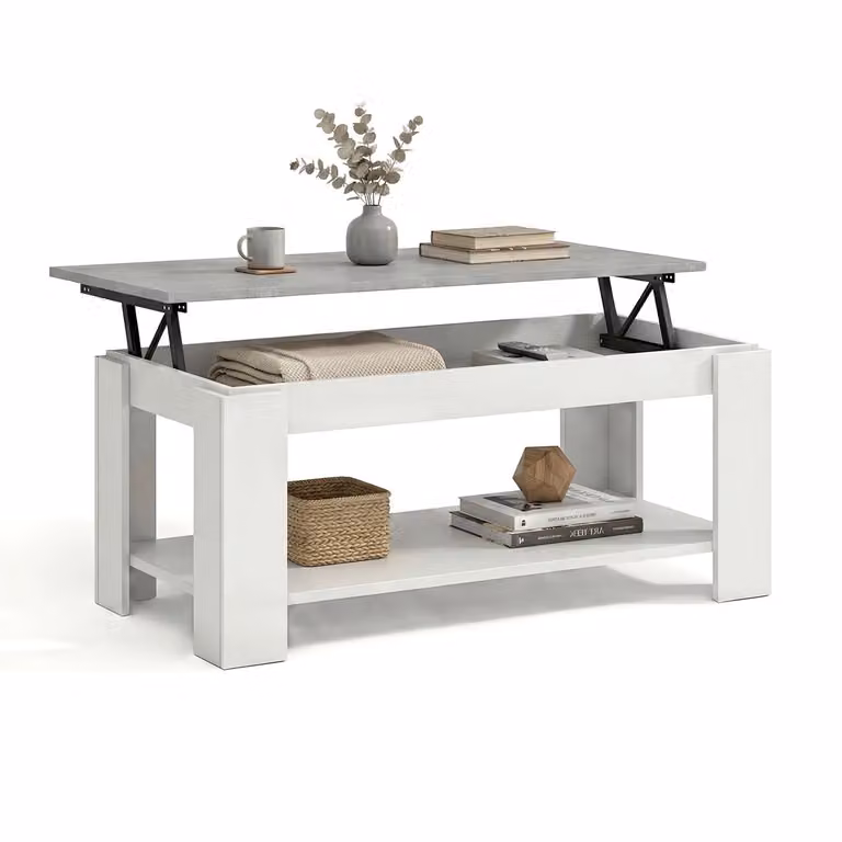 Mesa de centro elevable con almacenaje Lya de DUEHOME en blanco y gris cemento An/P/Al: 102 x 43 x 54 cm