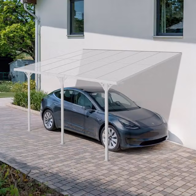 Cazeboo Pérgola y Carport Adosado Kléo de Aluminio Blanco con Policarbonato Transparente An/P/Al: 4 x 3 x 2,7 m