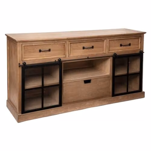 Aparador Danik de Atmosphera en madera de abeto y metal negro con 4 cajones y 2 puertas correderas de cristal, Ancho: 160 cm