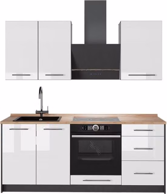 Cocina para solteros Vicco Fame-Line en blanco alto brillo y antracita con acabado roble, An: 190 cm, Al: 60 cm, P: 59 cm