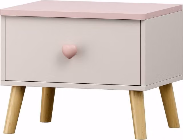 Mesita de noche infantil Sandnes en blanco y rosa con cajón y pomo de corazón de en.casa, An/P/Al: 31 x 38 x 30 cm