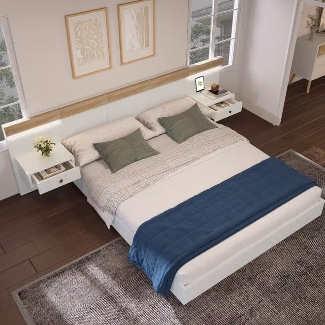 Cama Doble Mivray en Blanco y Roble con Mesitas de Noche LED, Puertos USB/Tipo-C y Somier de Láminas, 180x200 cm