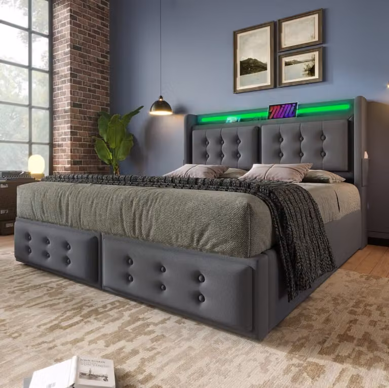 Cama tapizada MODFU con iluminación LED, puerto USB-C y almacenaje, An/P: 140 x 200 cm, gris