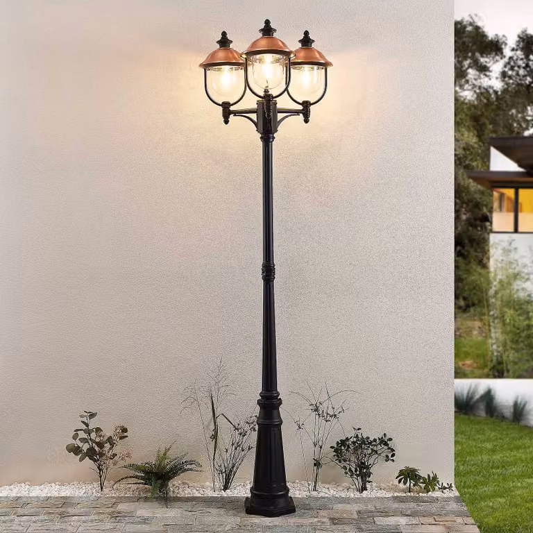 Lámpara de exterior Lindby Clint de estilo vintage en cobre y negro, resistente al agua salada y atenuable, Altura: 225 cm