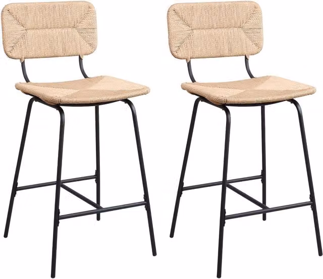 Lote de 2 taburetes de bar y cocina Tidra con asiento de ratán y estructura de metal en color negro y beige, altura: 65 cm