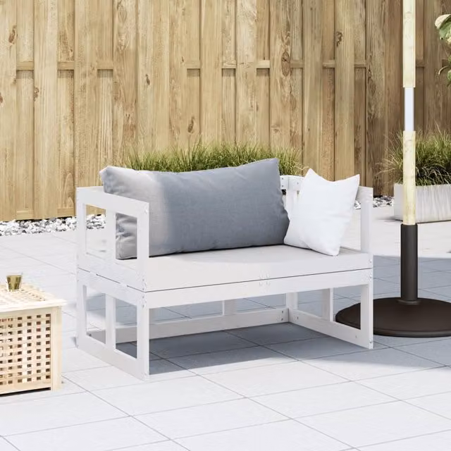 Banco sofá de jardín extensible SYFAX de madera de pino blanca con cojines y reposabrazos
