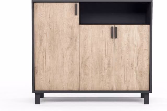 Mueble zapatero Herdasa modelo Dyrnes en melamina con puertas de roble y patas de haya, color gris grafito y marrón, An/P/Al: 100 x 37 x 86 cm