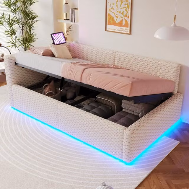Cama OKWISH de terciopelo beige con almacenamiento, iluminación LED bajo la cama y puertos de carga USB, An/P/Al: 90 x 200 x 213 cm