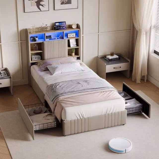 Cama individual inteligente DREAMMESPACE con 2 cajones, cabecero con estante, iluminación LED RGB y puertos USB/Type-C en lino beige, An/P/Al: 90 x 200 x 122 cm