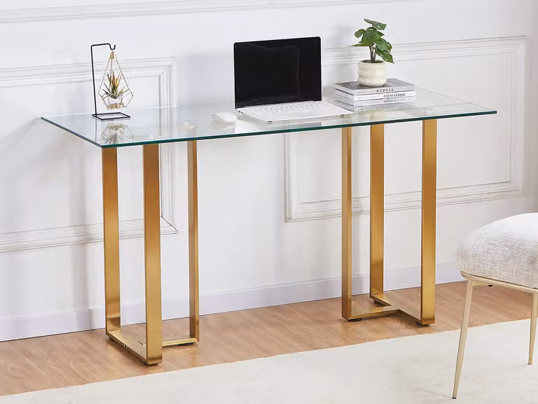 Escritorio de vidrio templado y acero inoxidable VENTE-UNIQUE, transparente y dorado, An/P/Al: 140 x 60 x 75 cm