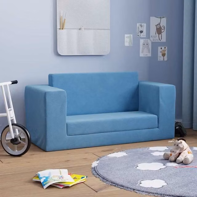 Sofá cama infantil de 2 plazas vidaXL en felpa azul con estructura tapizada y reposabrazos