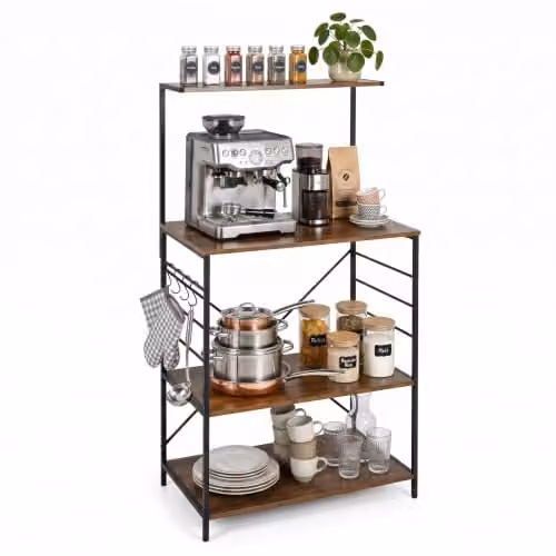 Estantería de cocina tipo panadero Relaxdays de estilo industrial con 4 baldas y 4 ganchos, marrón y negro, Al x An x P: 123 x 60 x 40 cm